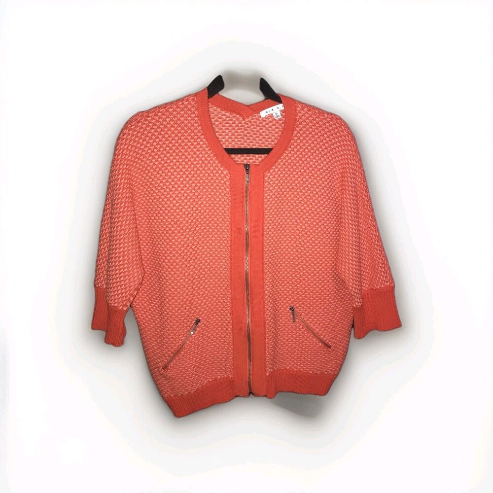 CAbi‎ Cocoon Full-Zip Sweater Women's Medium Orange Geo Tight-Knit Dolman Sleeve